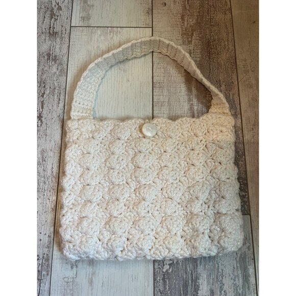 Handmade Cream Crochet Shoulder Bag With Button Closure & Lining - Picture 1 of 3